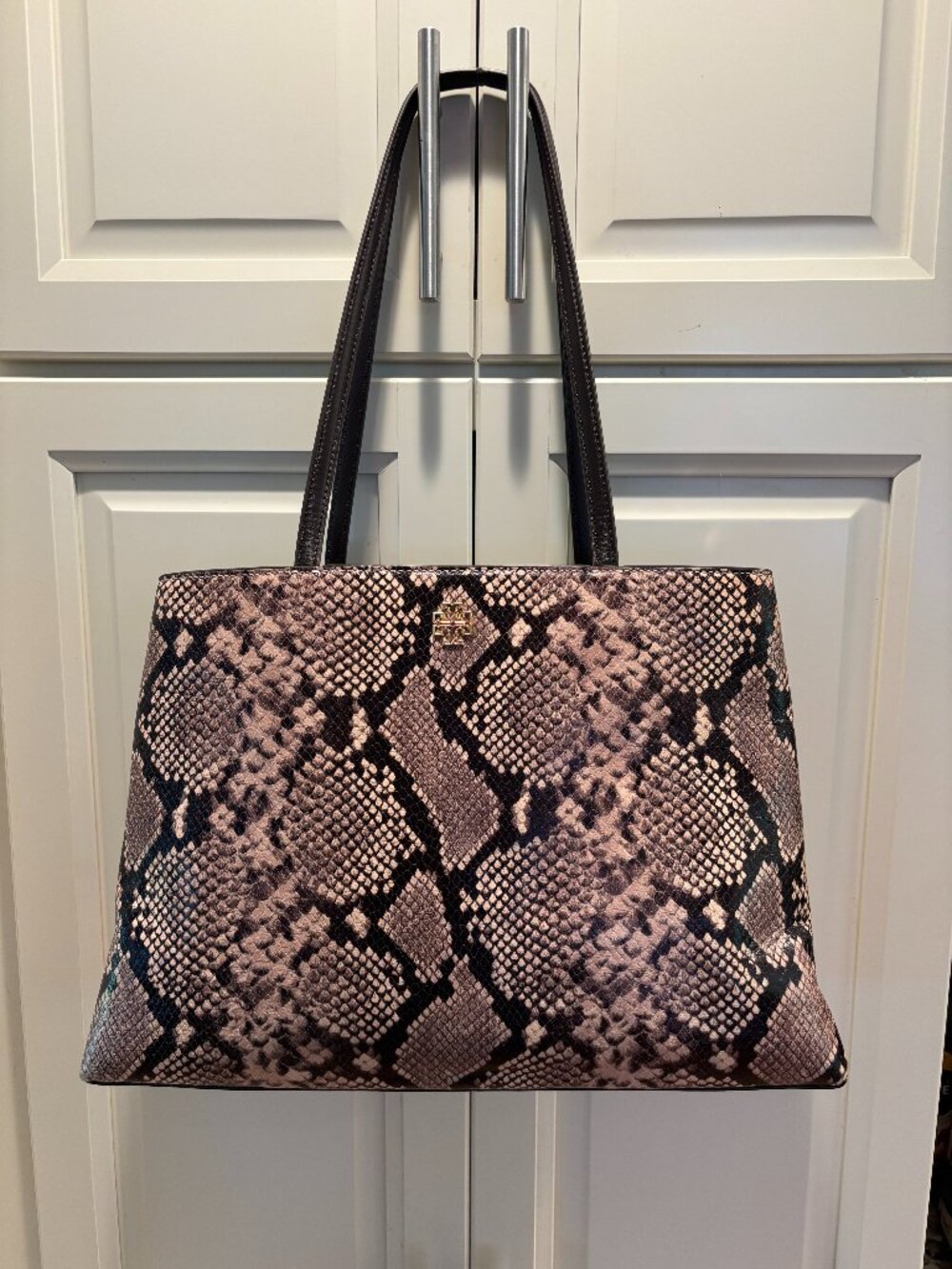 Tory Burch Snakeskin-Embossed Pink/Brown/Black Tote Bag